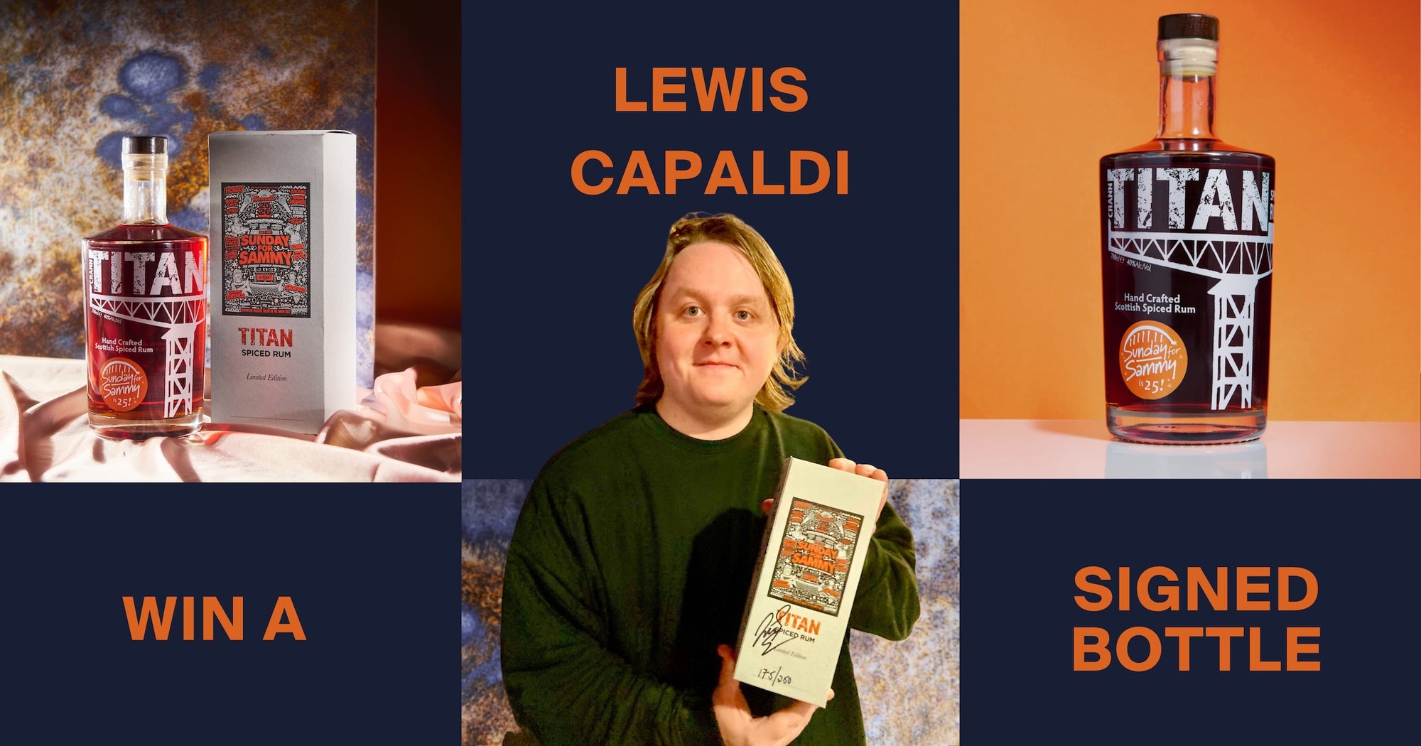 Lewis Capaldi holding a bottle of Titan spiced rum for the charity Sunday for Sammy